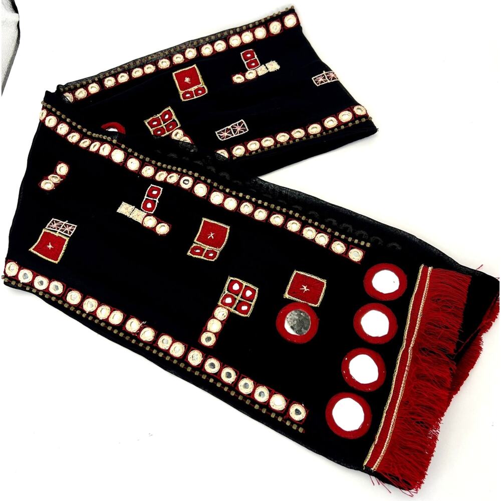 Chicos Rabari Inspired Scarf Shawl Black Red Kutchi Mirror Embroidered Fringe